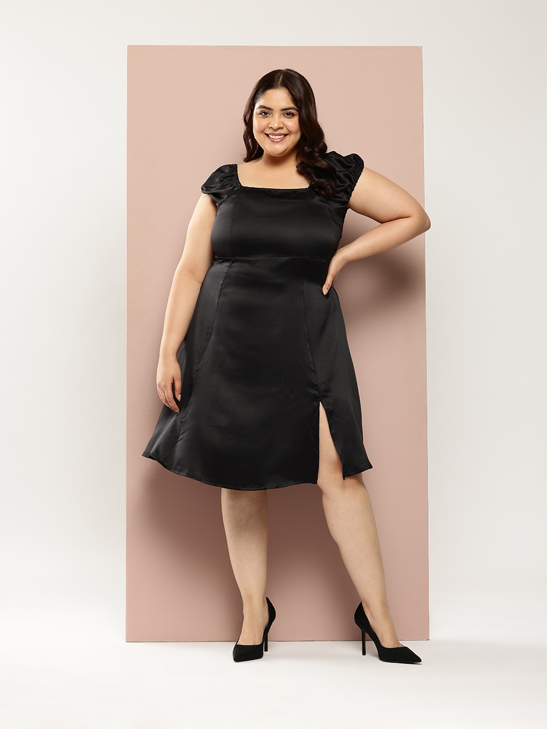 

Sztori Plus Size Smocked Back Lace-Up Satin Finish A-Line Dress, Black