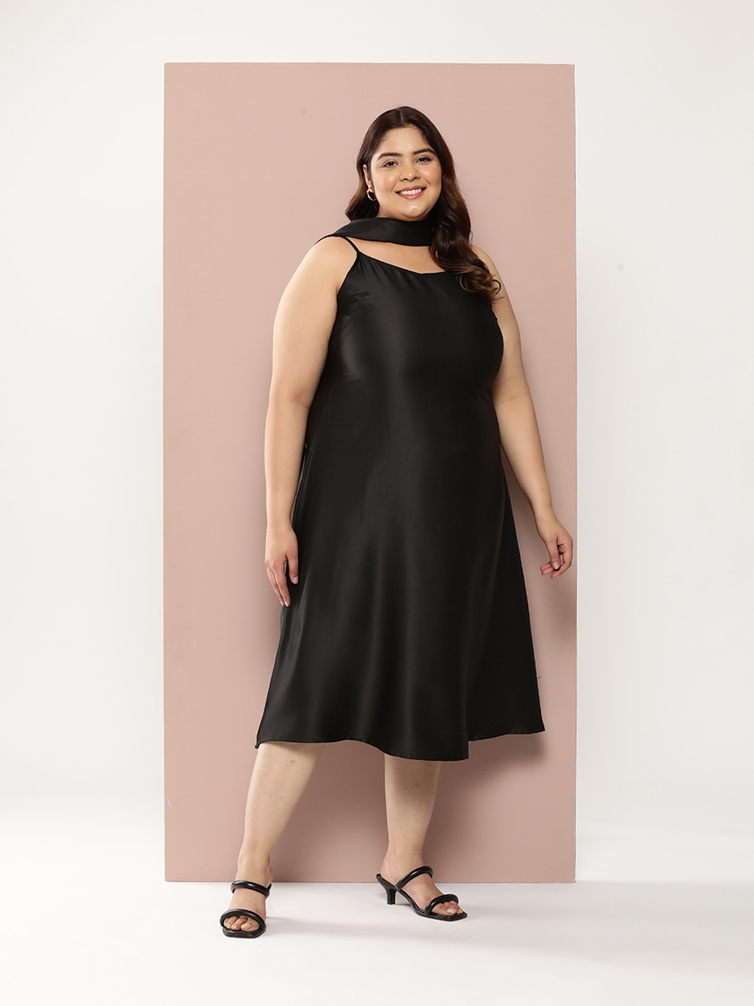 

Sztori Plus Size Satin A-Line Midi Dress with Scarf, Black