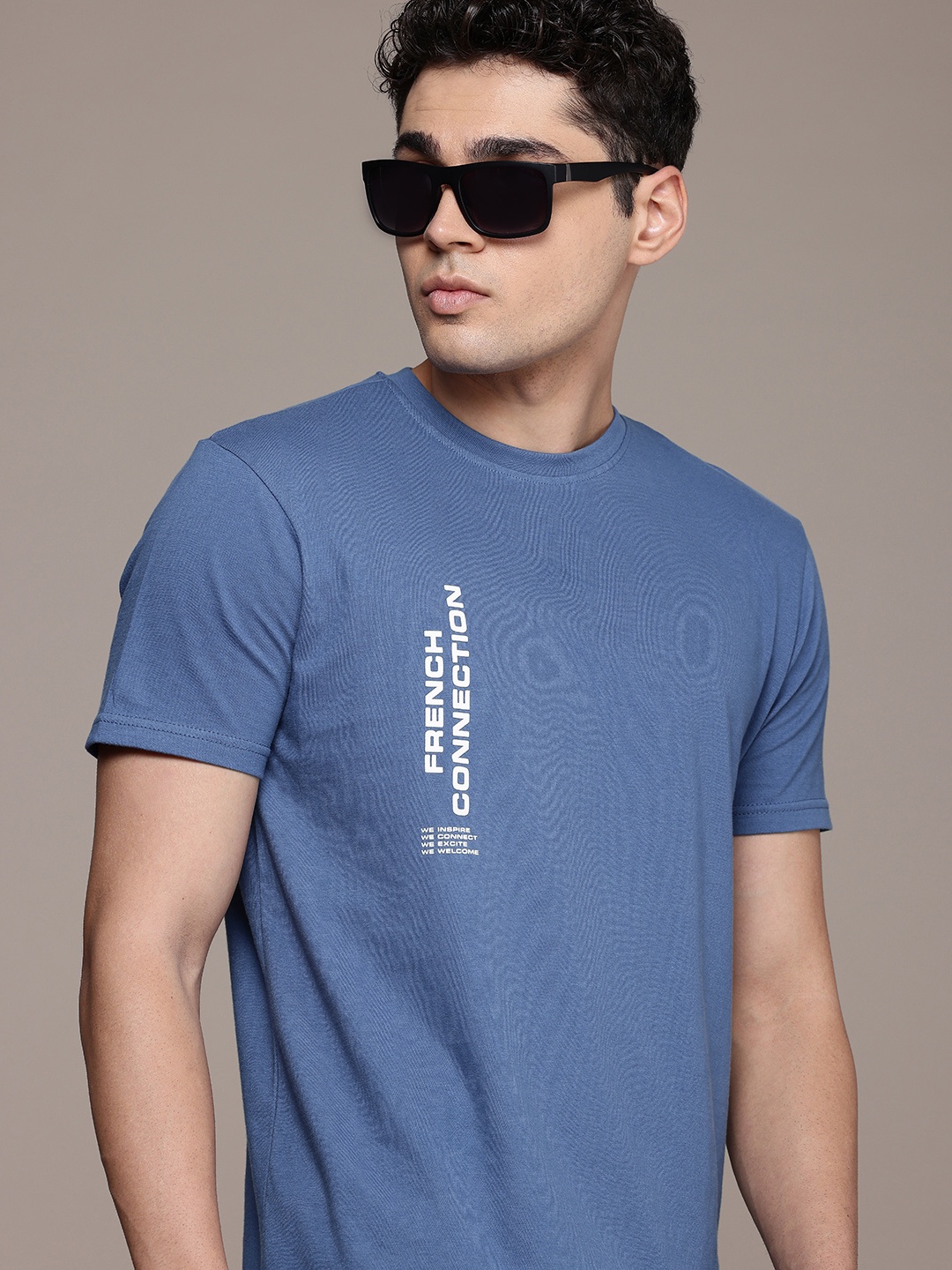 

French Connection Men Typography Printed Pure Cotton T-shirt, Blue