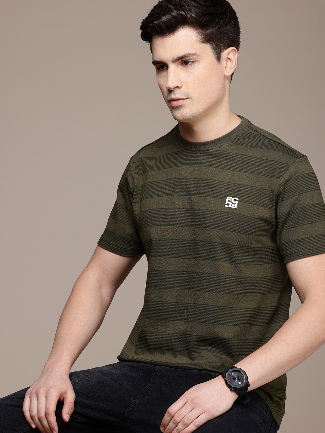 

French Connection Striped Pure Cotton T-shirt, Olive