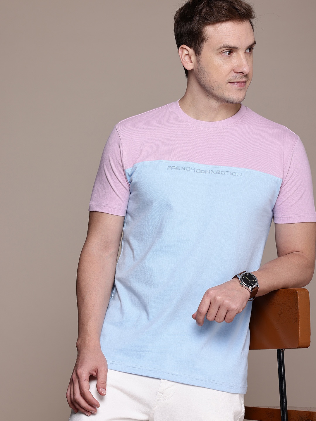 

French Connection Pure Cotton Colourblocked Casual T-shirt, Lavender