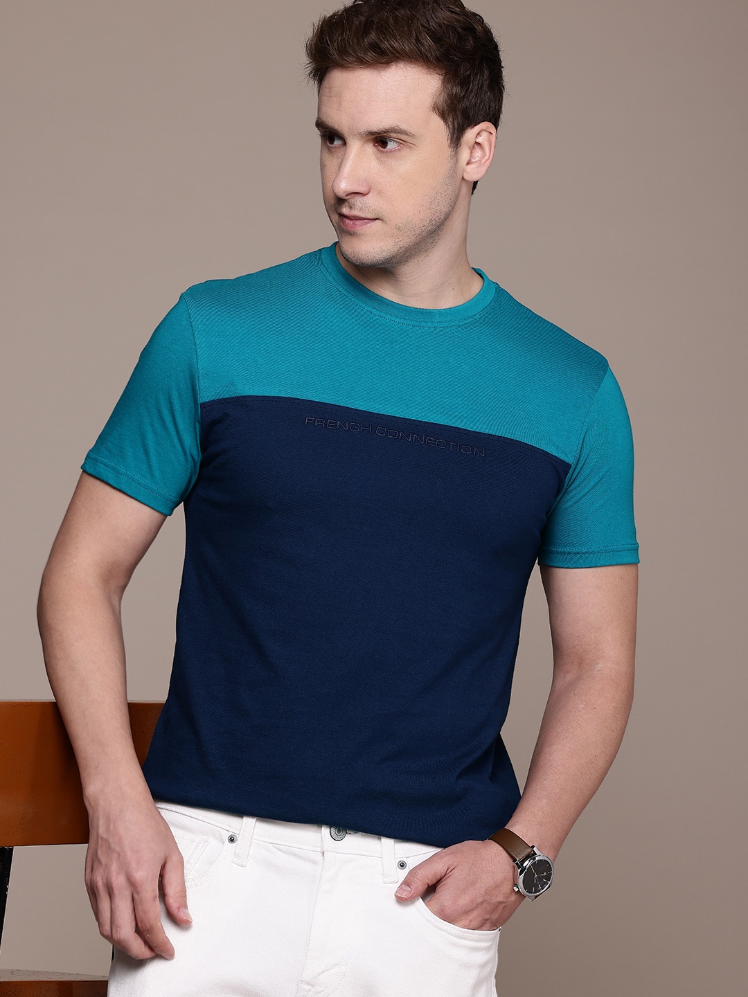 

French Connection Pure Cotton Colourblocked Casual T-shirt, Teal