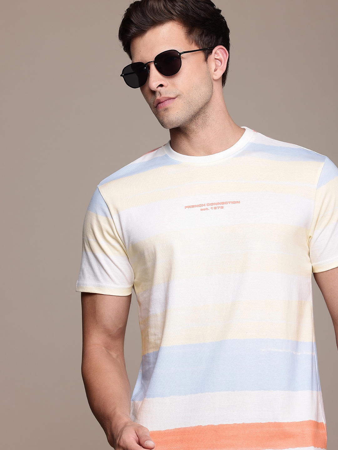 

French Connection Striped Pure Cotton T-shirt, Cream