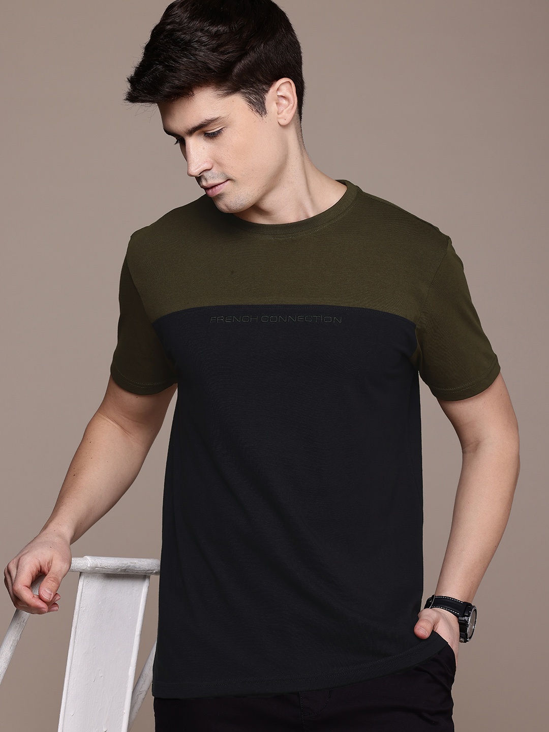 

French Connection Pure Cotton Colourblocked Casual T-shirt, Olive