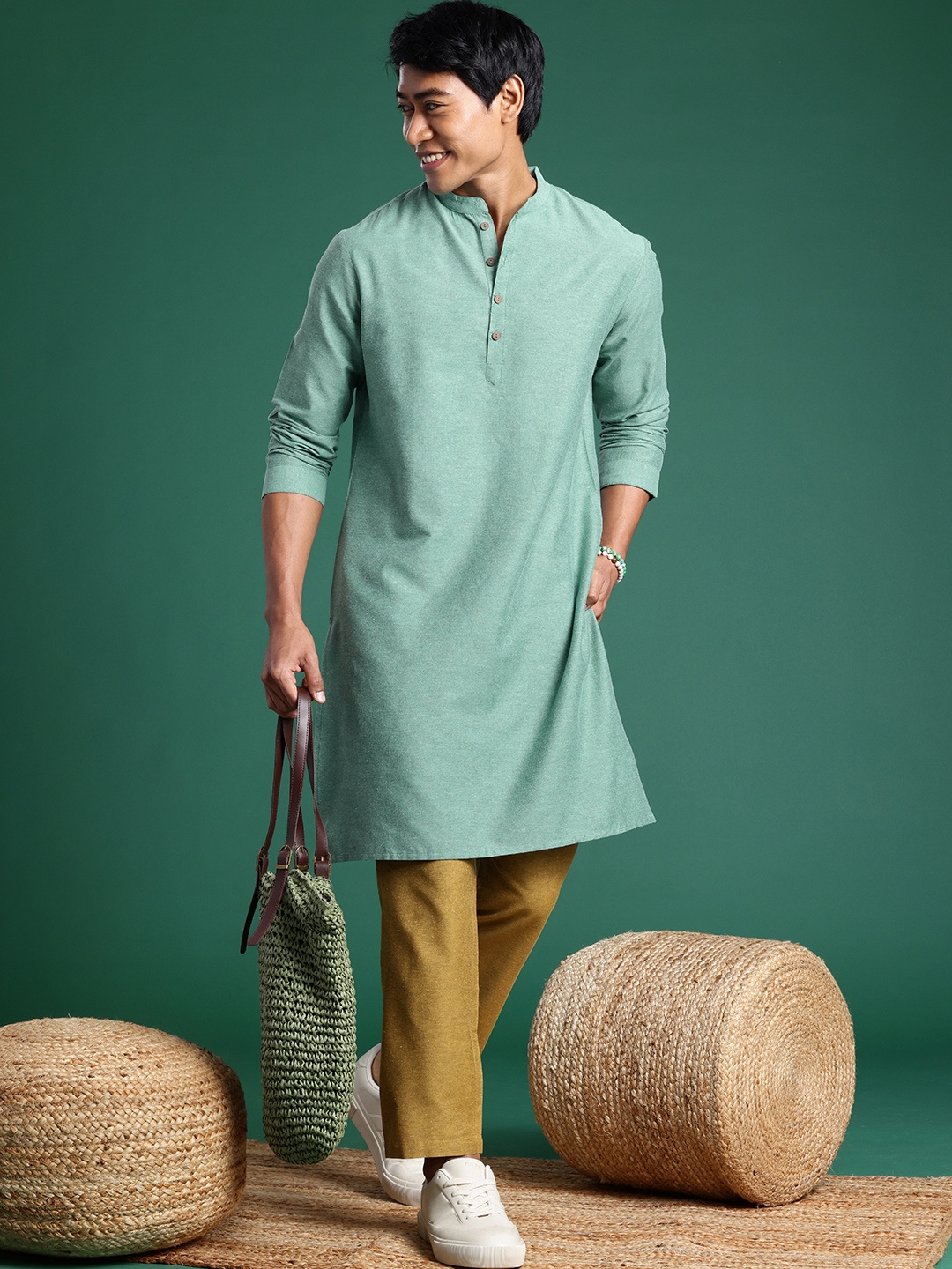 

Sangria Men Pure Cotton Kurta with Trousers, Green