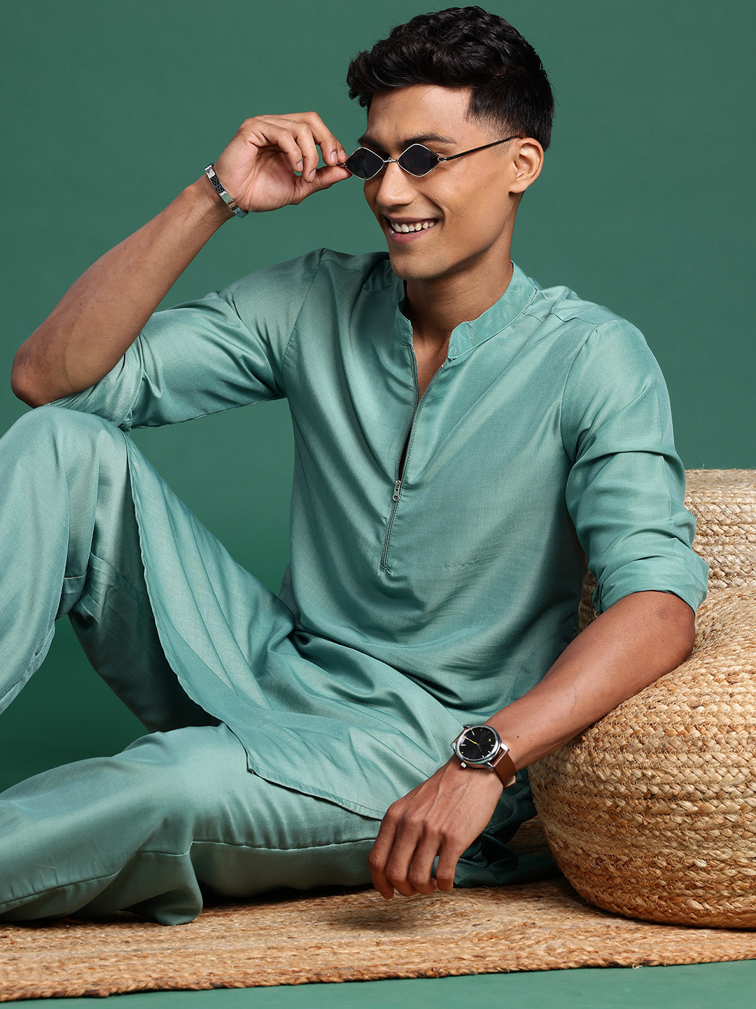 

Sangria Men Mandarin Collar Kurta with Salwar, Sea green
