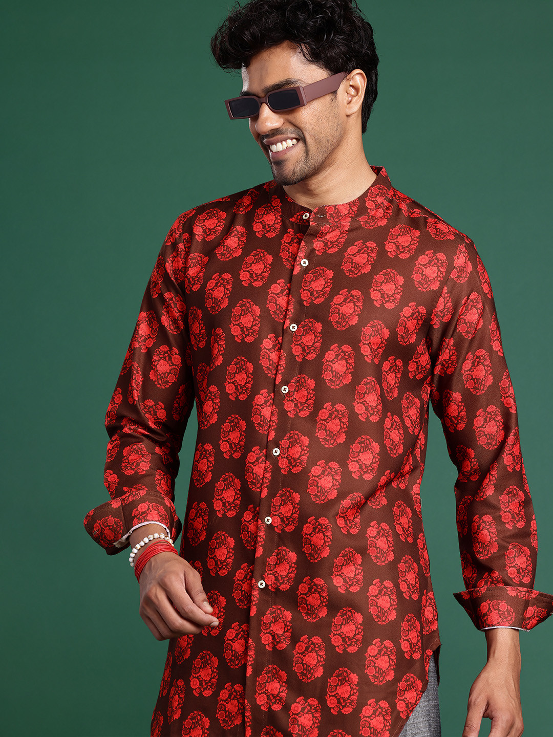 

Sangria Floral Printed Band Collar Longline Shirt, Brown