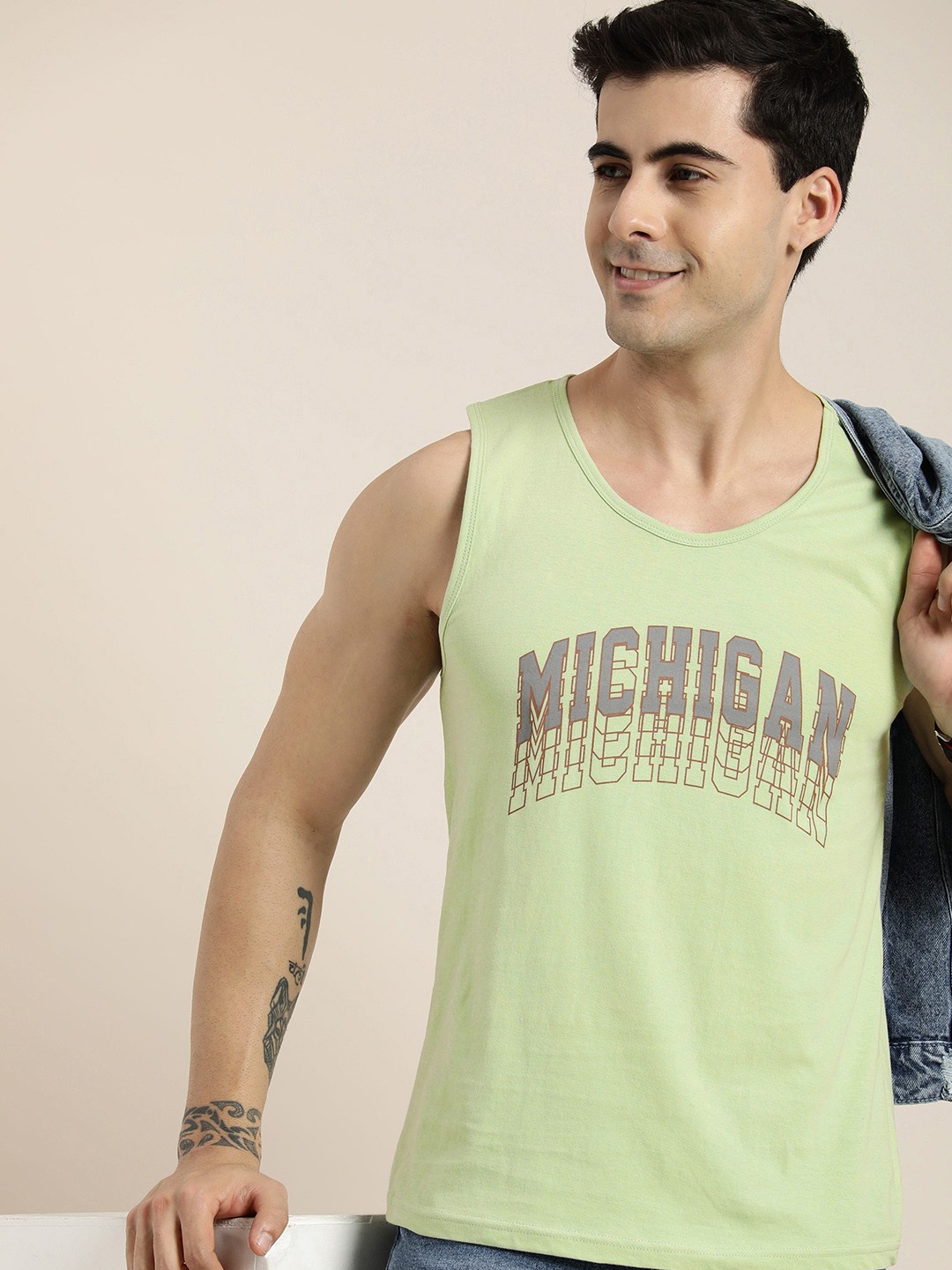 

HERE&NOW Pure Cotton Typography Printed Sleeveless T-shirt, Green
