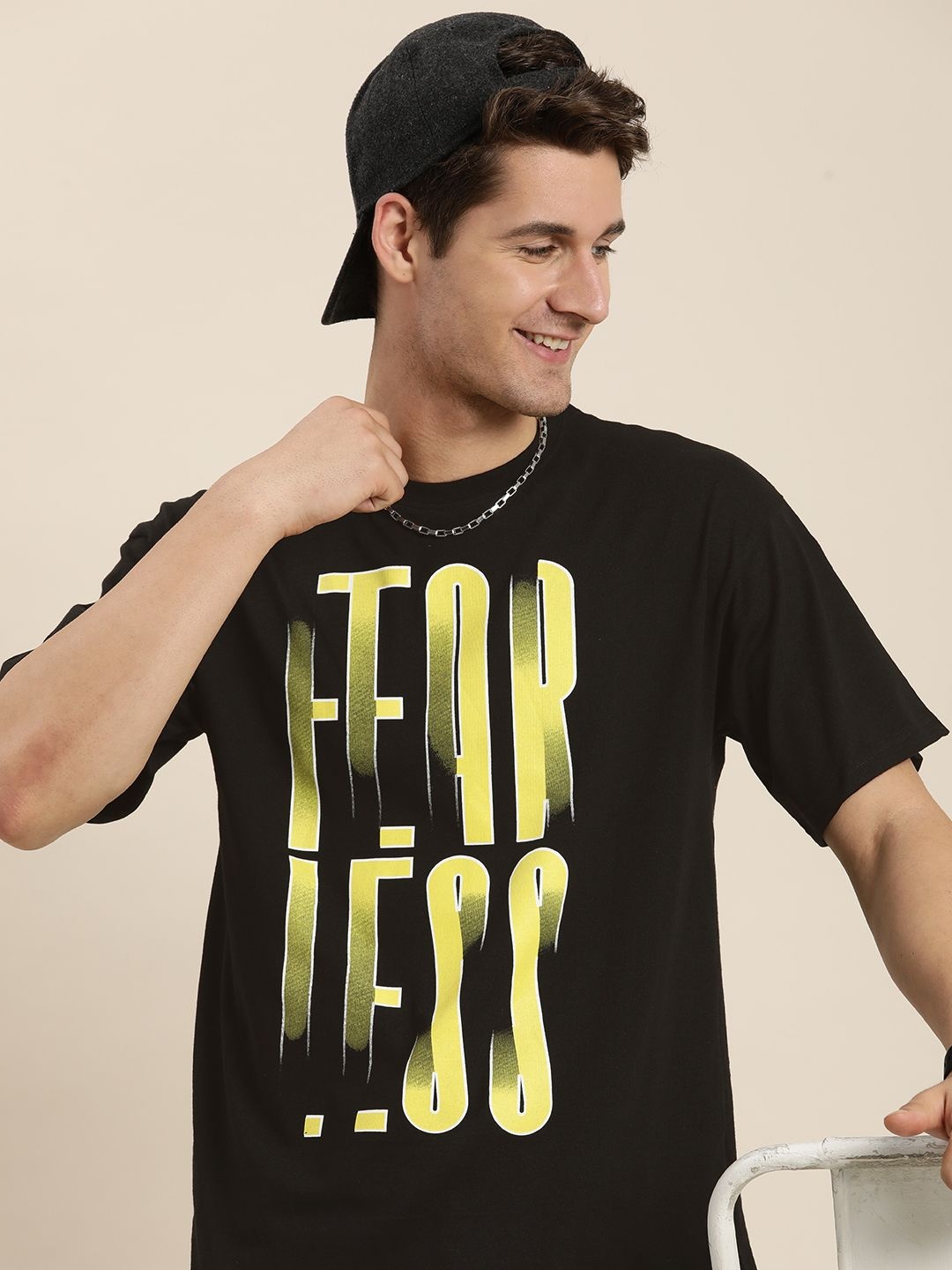 

HERE&NOW Typography Printed Drop-Shoulder Sleeves Casual T-shirt, Black