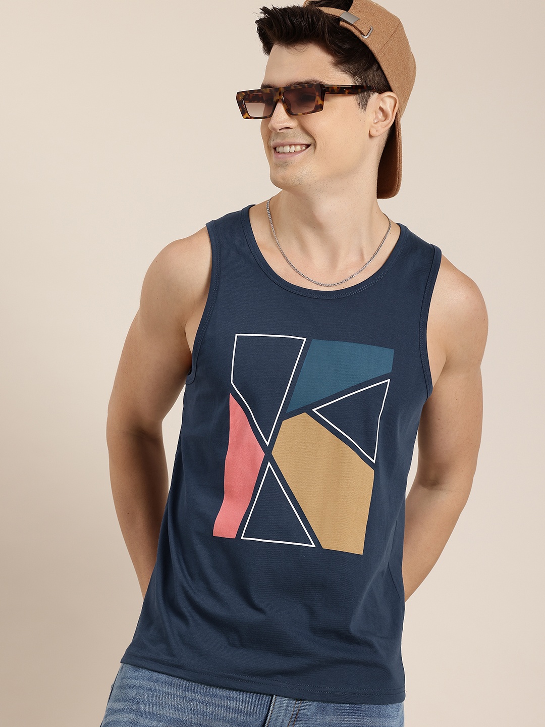 

HERE&NOW Pure Cotton Graphic Printed Sleeveless T-shirt, Navy blue