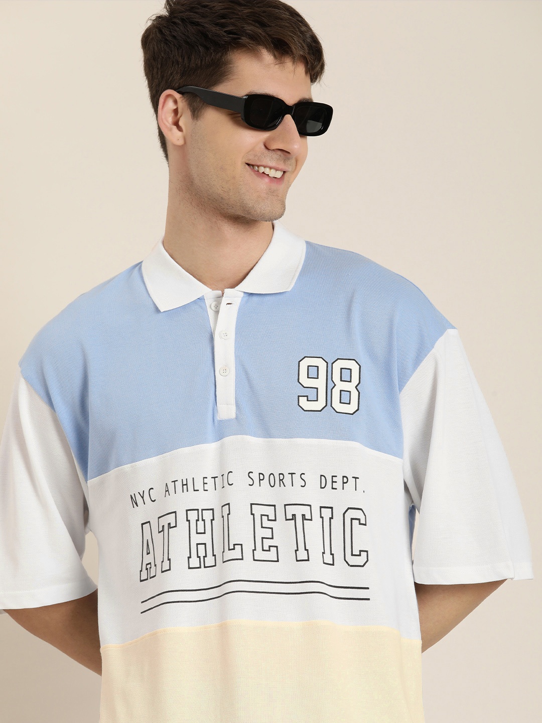 

HERE&NOW Colourblocked Polo Collar Drop-Shoulder Sleeves Pure Cotton T-shirt, Blue