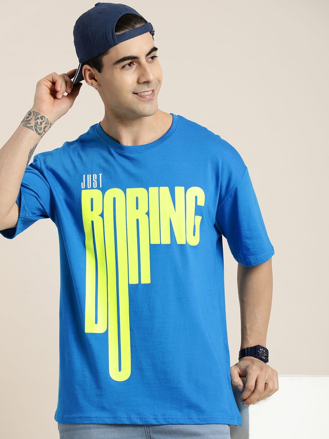 

HERE&NOW Typography Printed Drop-Shoulder Sleeves Pure Cotton T-shirt, Blue