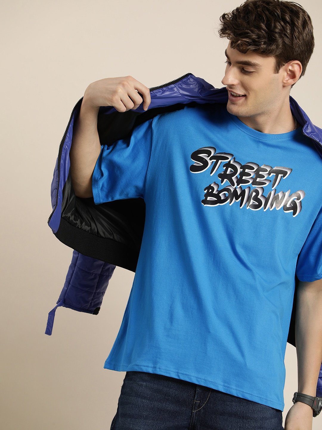 

HERE&NOW Pure Cotton Typography Printed Drop-Shoulder Sleeves T-shirt, Blue