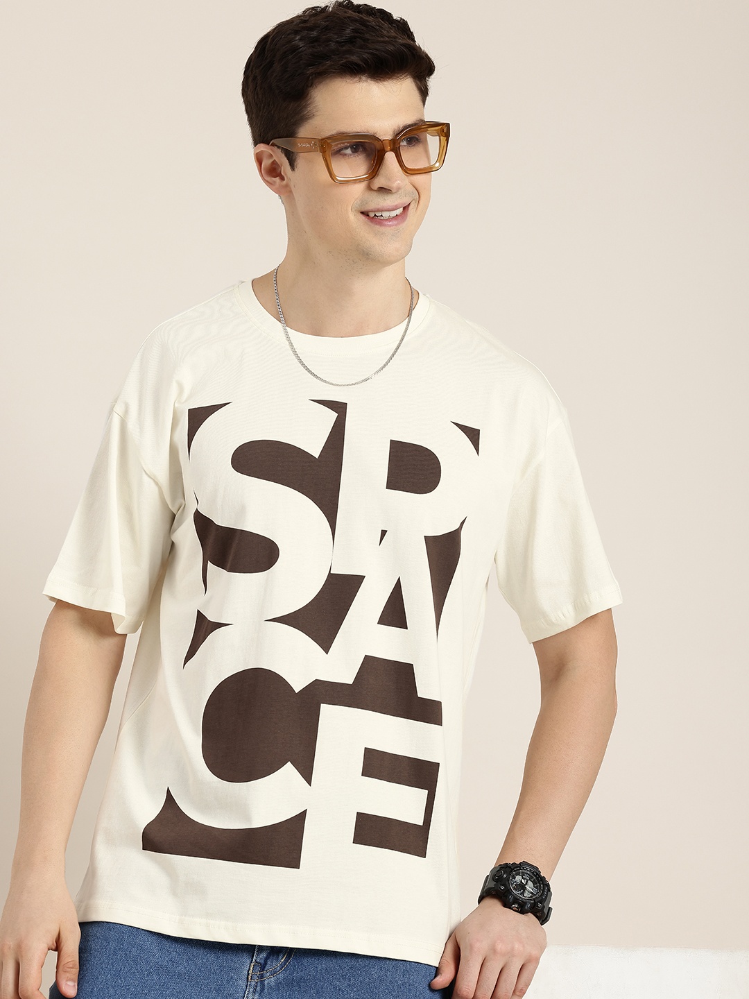 

HERE&NOW Typography Printed Drop-Shoulder Sleeves Pure Cotton T-shirt, Cream