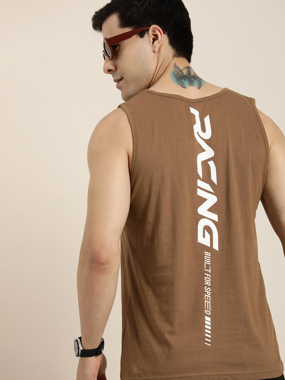 

HERE&NOW Pure Cotton Graphic Printed Sleeveless T-shirt, Brown