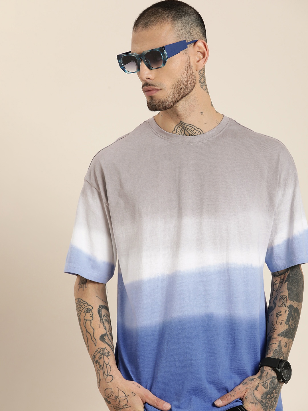 

HERE&NOW Colourblocked Drop-Shoulder Sleeves Pure Cotton T-shirt, Grey