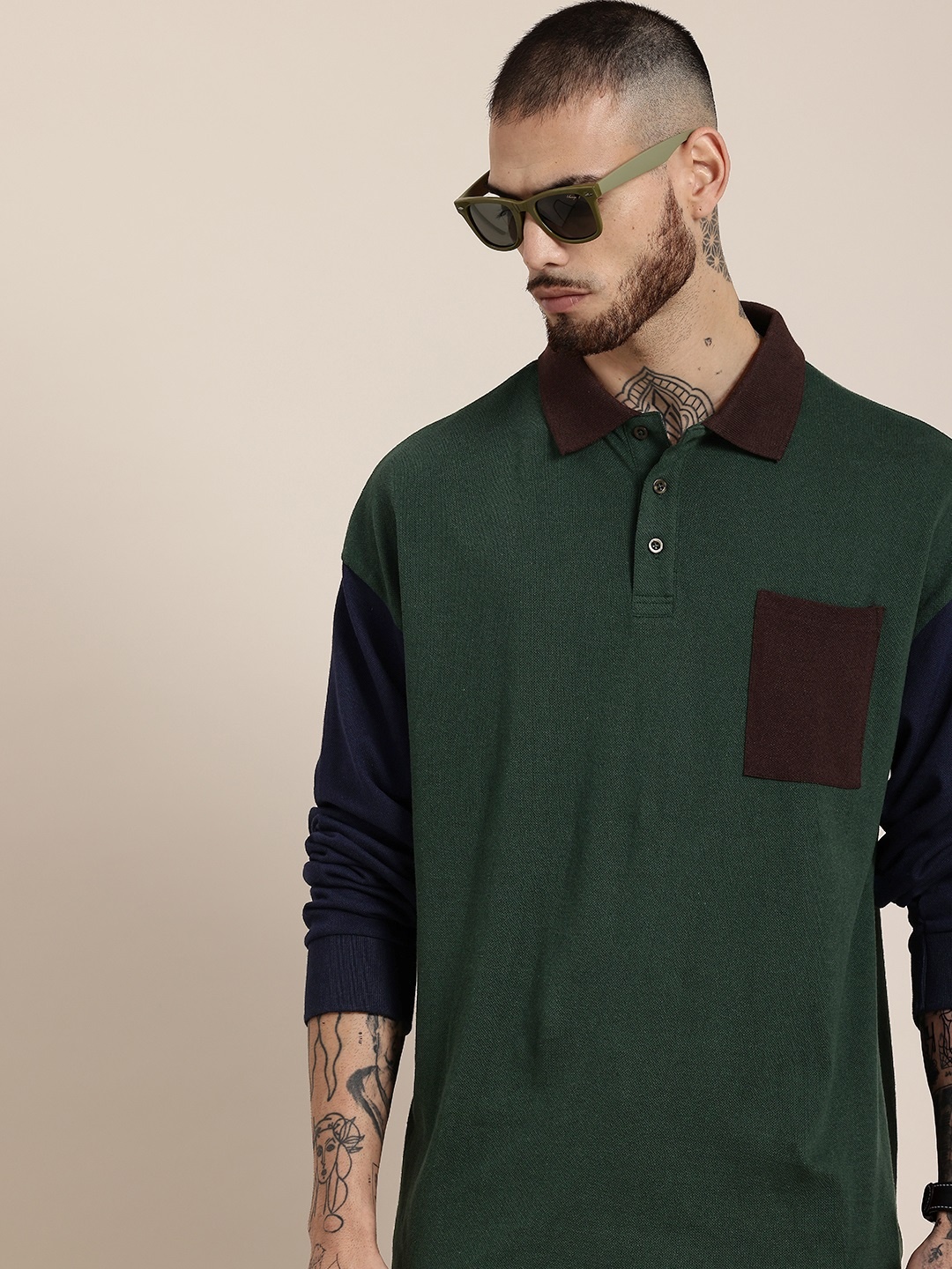 

HERE&NOW Polo Collar Drop-Shoulder Sleeves Pocket T-shirt, Green