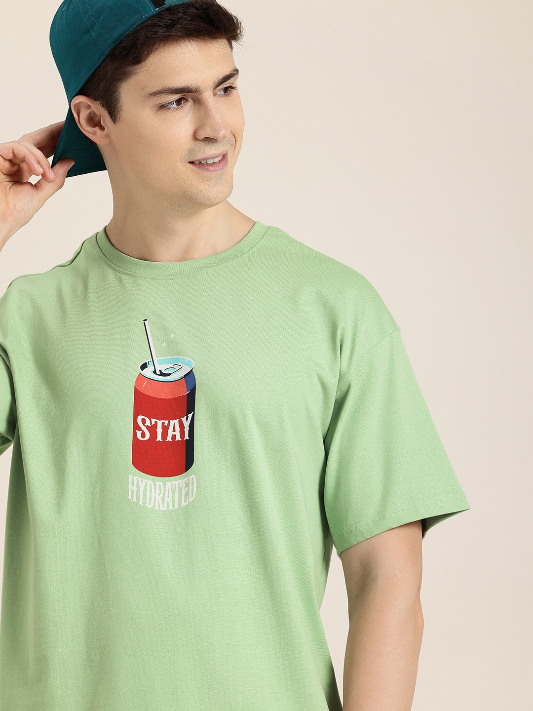 

HERE&NOW Printed Drop-Shoulder Sleeves Pure Cotton T-shirt, Green