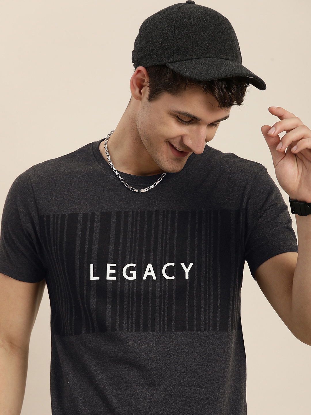 

HERE&NOW Typography Printed Drop-Shoulder Sleeves T-shirt, Charcoal