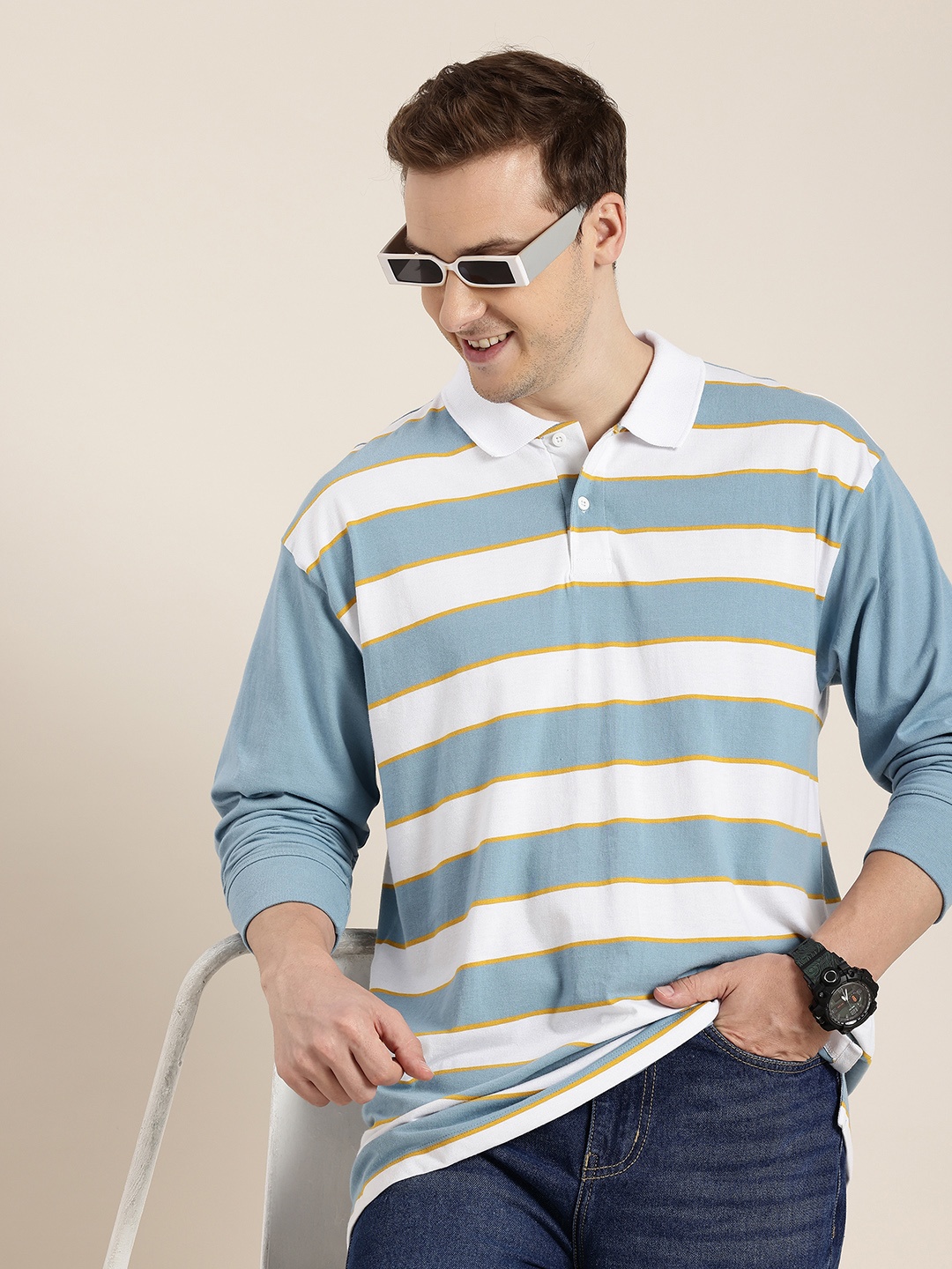 

HERE&NOW Striped Polo Collar Drop-Shoulder Sleeves T-shirt, Blue