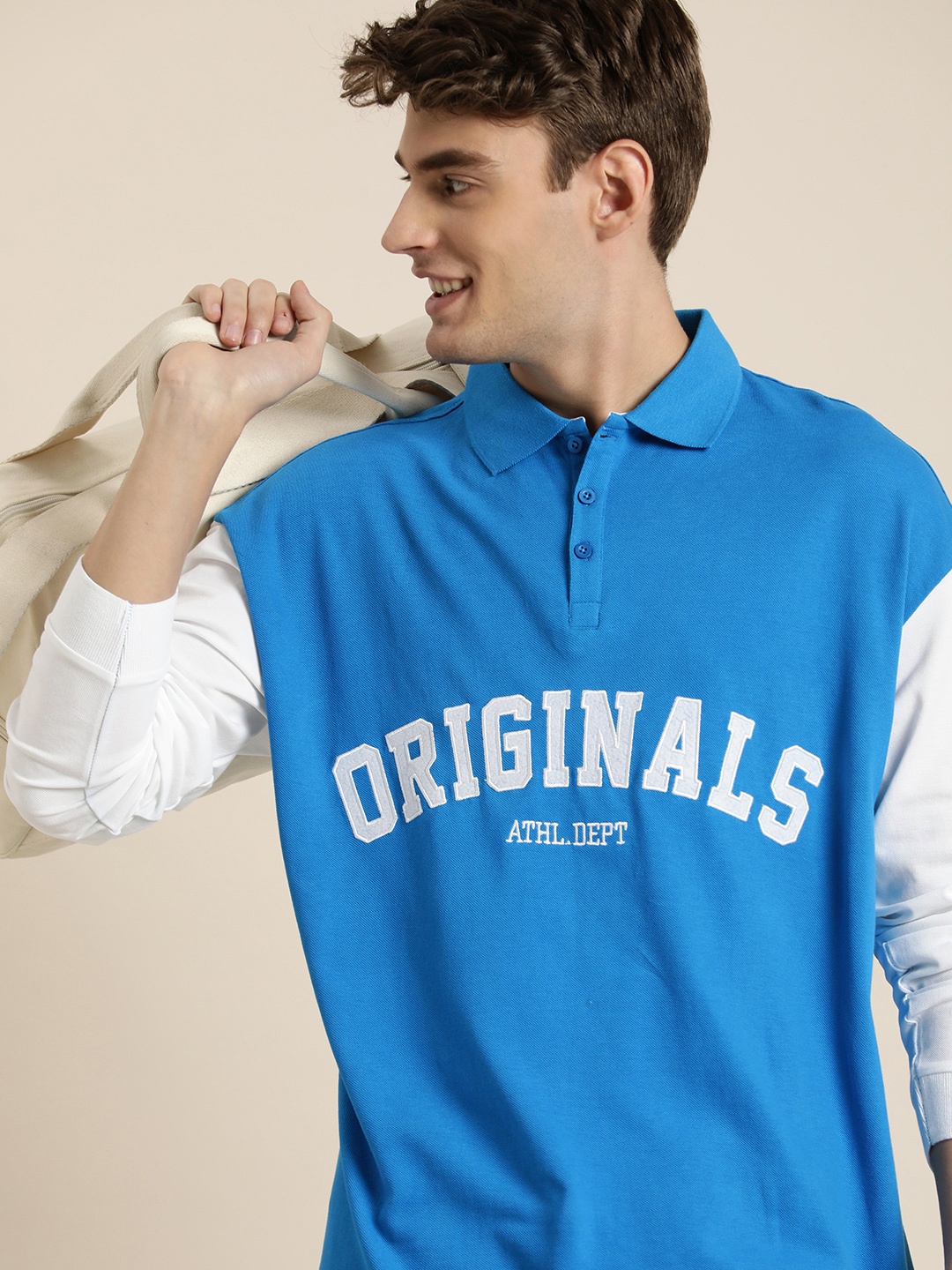 

HERE&NOW Pure Cotton Typography Embroidered Polo Collar Drop-Shoulder Sleeves T-shirt, Blue