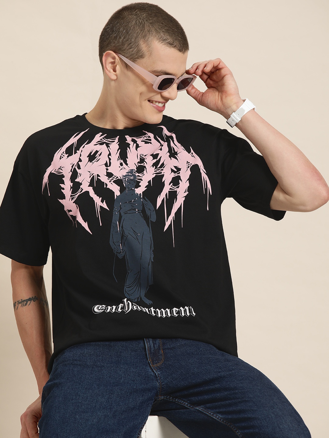 

HERE&NOW Printed Relaxed Pure Cotton T-shirt, Black