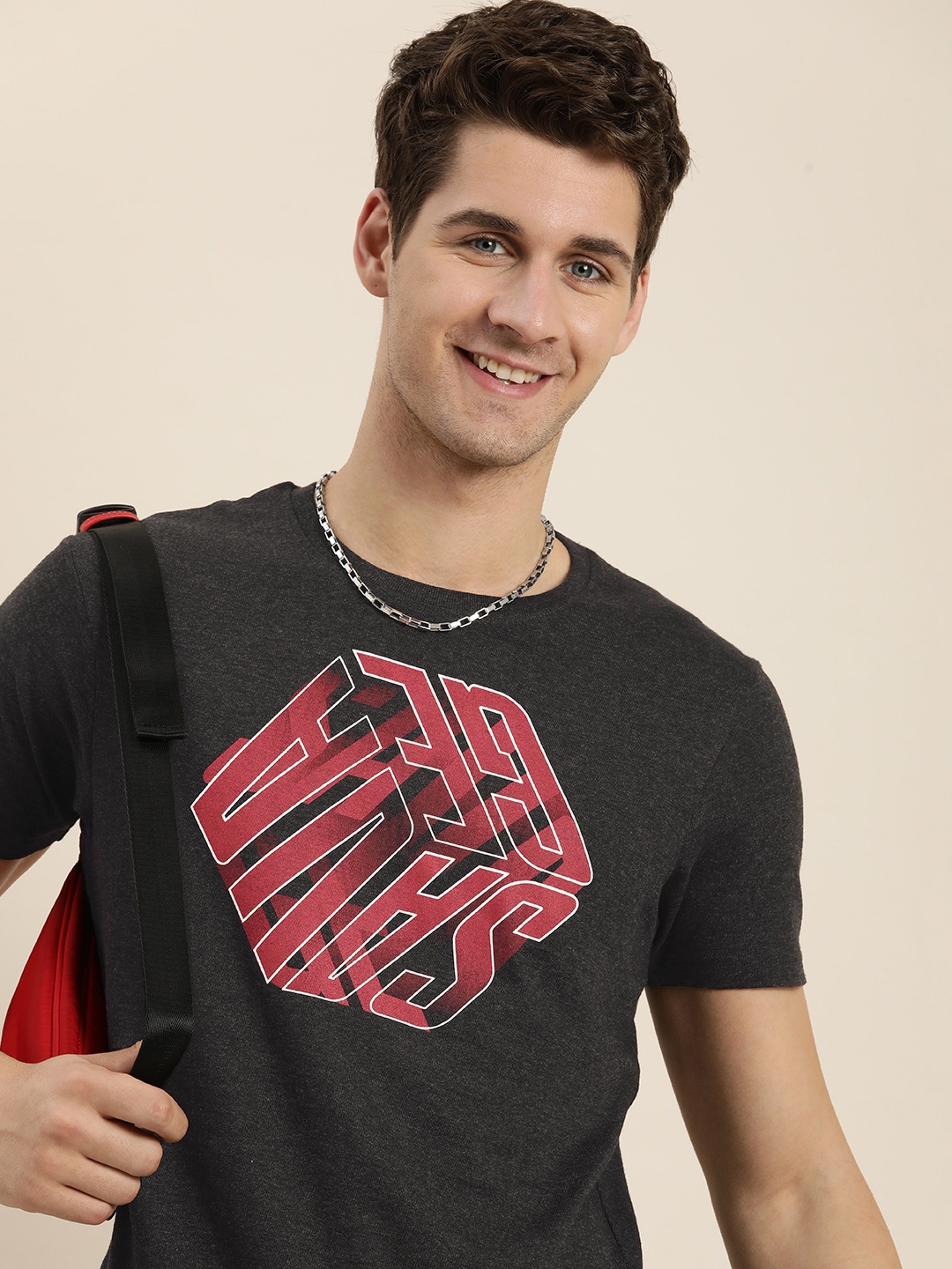 

HERE&NOW Graphic Printed Drop-Shoulder Sleeves T-shirt, Charcoal