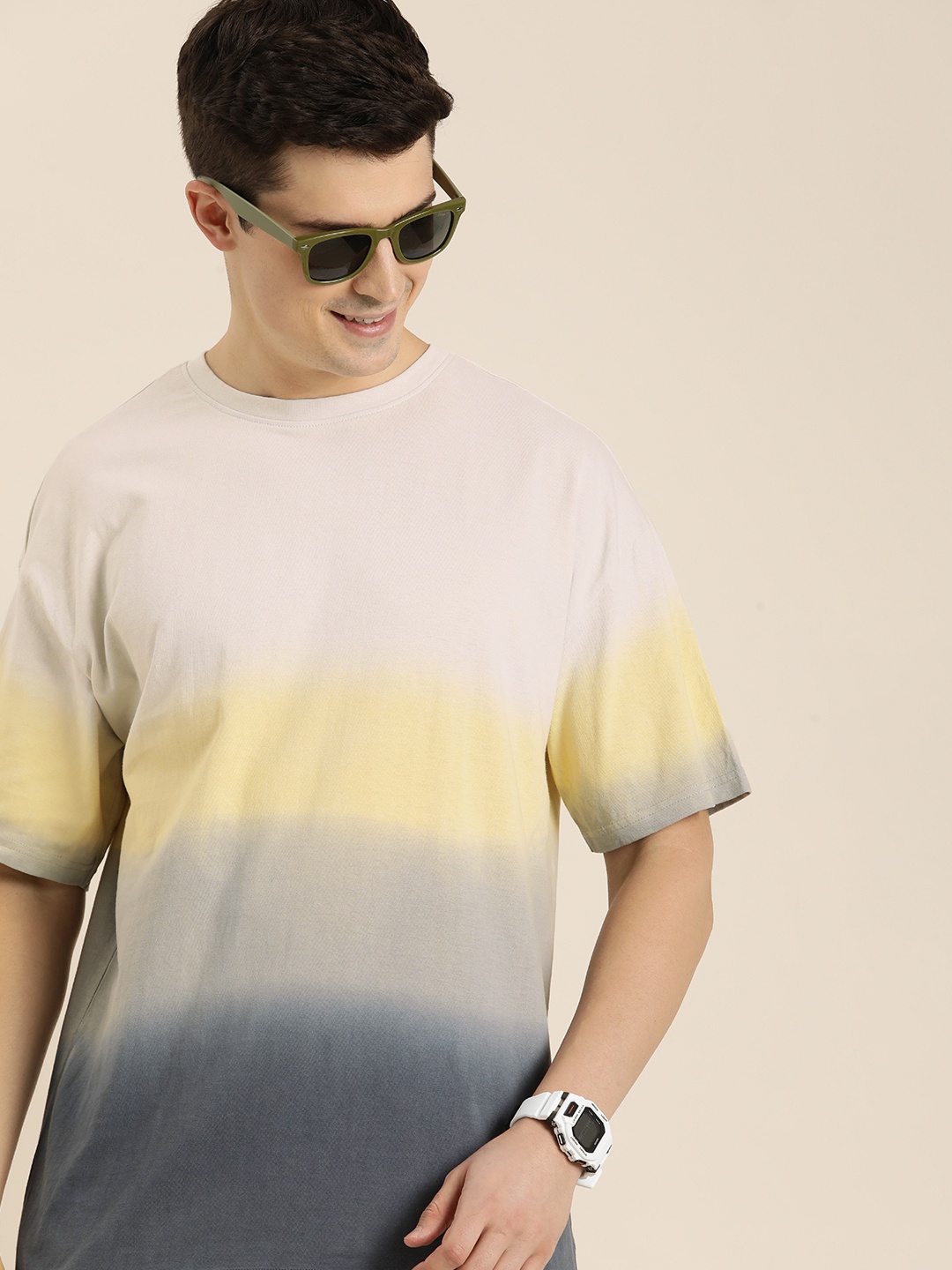 

HERE&NOW Colourblocked Drop-Shoulder Sleeves Pure Cotton T-shirt, Beige