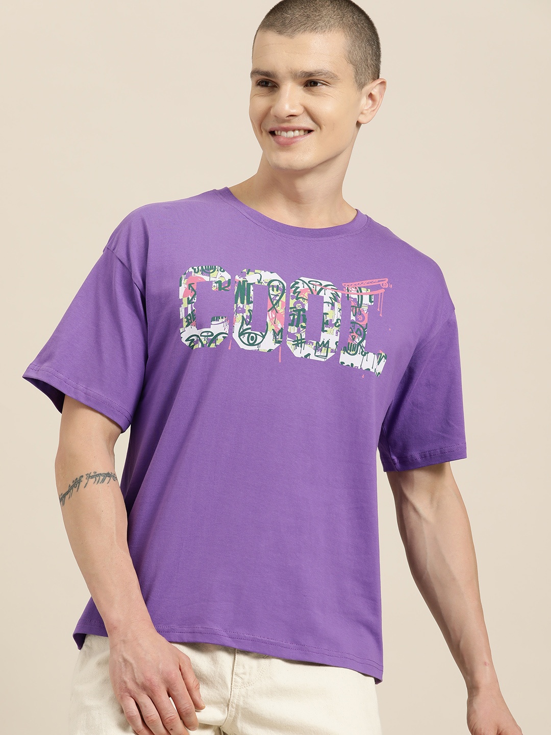 

HERE&NOW Printed Drop-Shoulder Sleeves Pure Cotton T-shirt, Purple