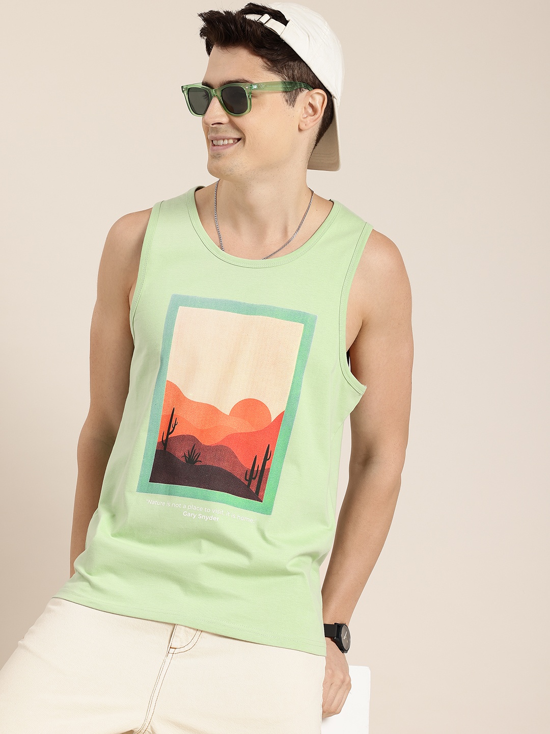 

HERE&NOW Sleeveless Printed Pure Cotton T-shirt, Green