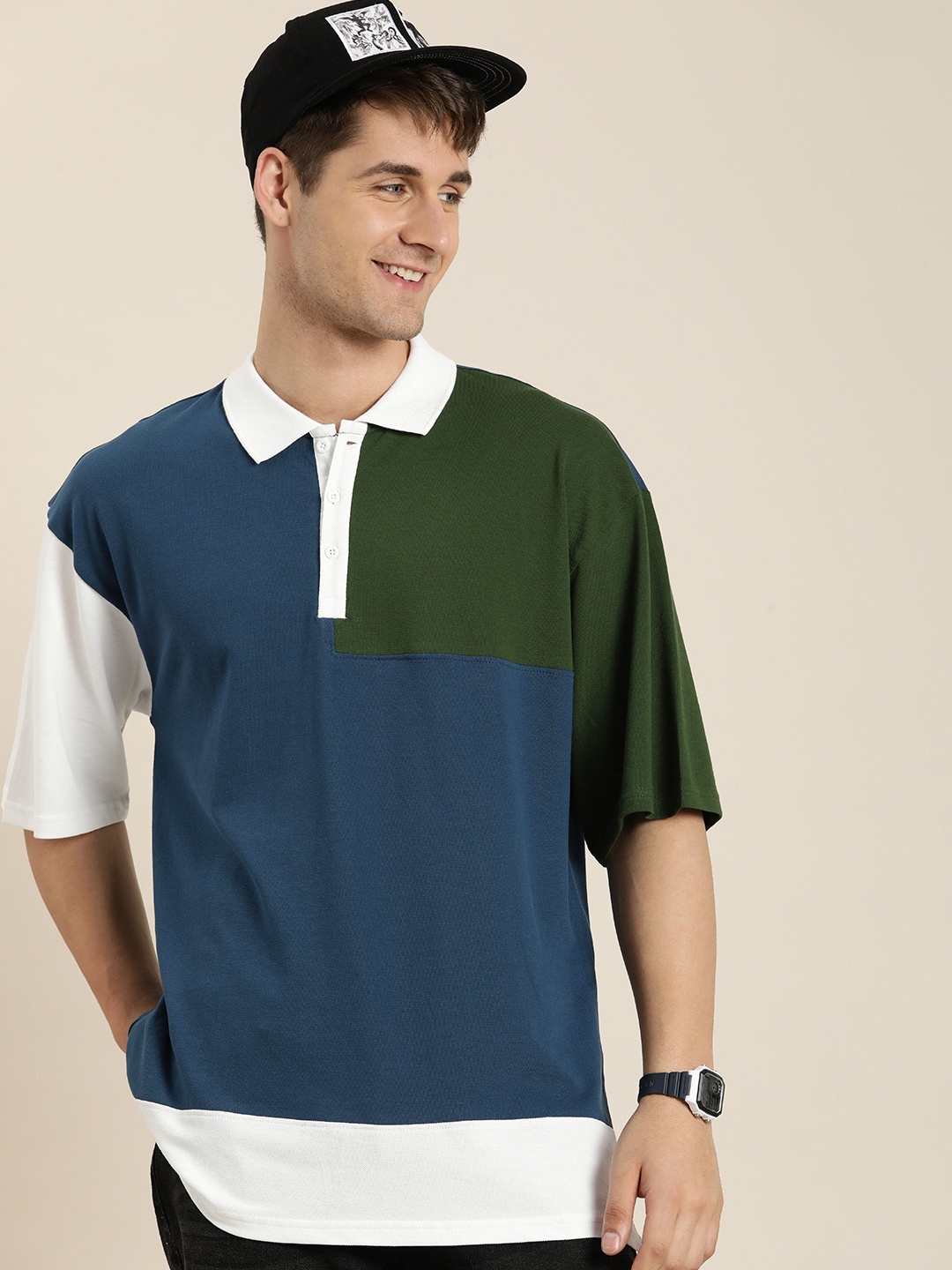 

HERE&NOW Colourblocked Polo Collar Drop-Shoulder Sleeves Pure Cotton T-shirt, Navy blue