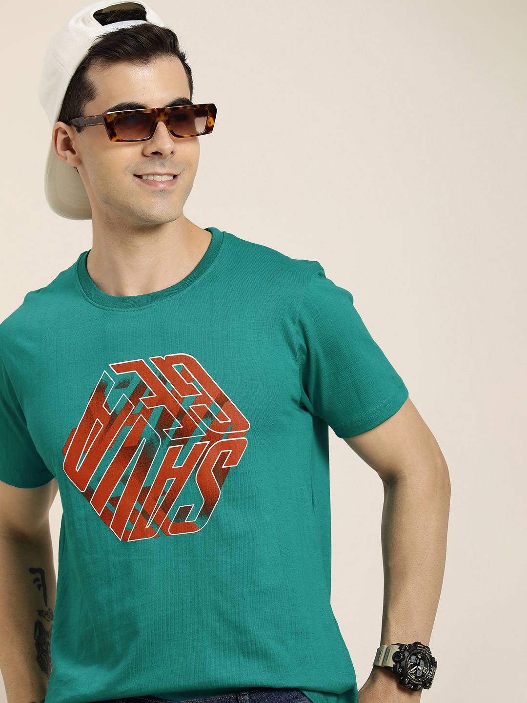 

HERE&NOW Men Typography Printed Pure Cotton T-shirt, Teal