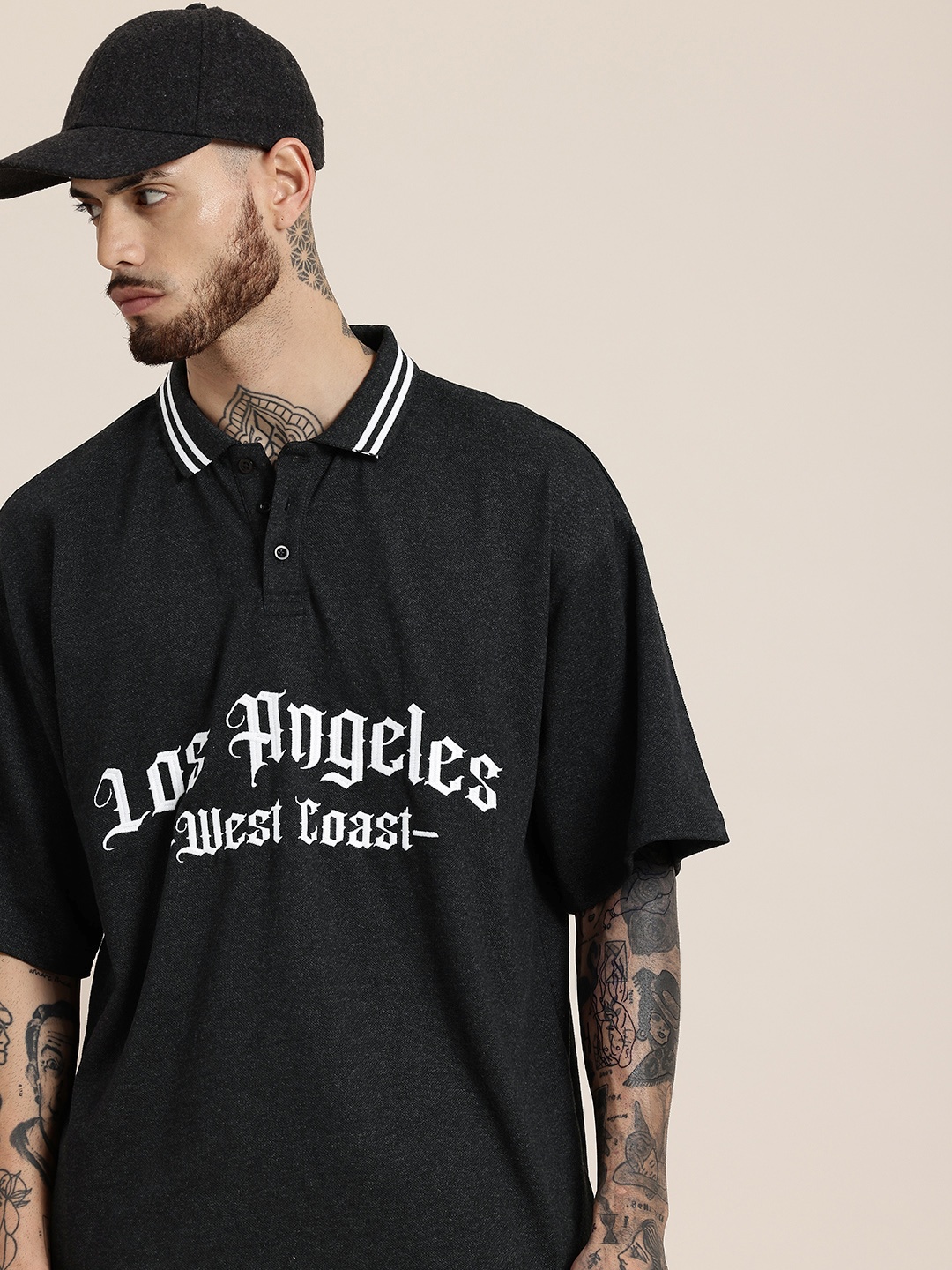 

HERE&NOW Embroidered Polo Collar Drop-Shoulder Sleeves T-shirt, Charcoal