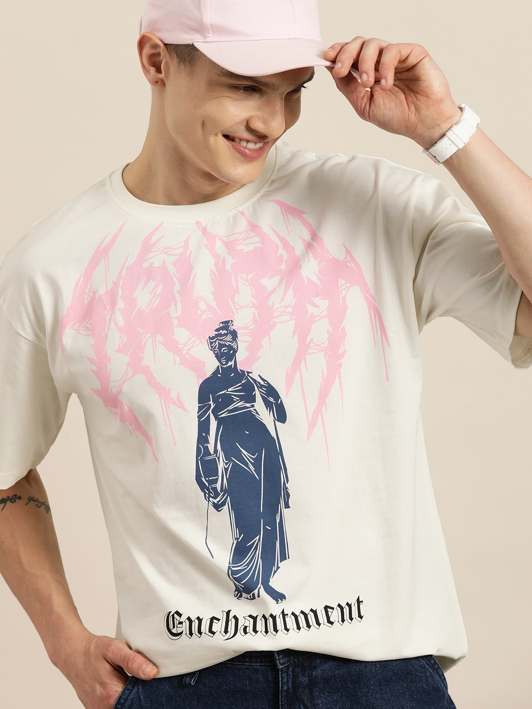 

HERE&NOW Printed Drop-Shoulder Sleeves Pure Cotton T-shirt, Off white