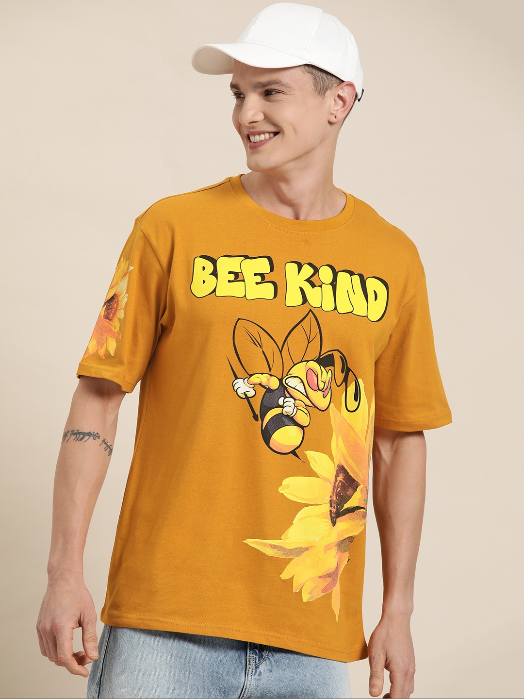 

HERE&NOW Printed Pure Cotton T-shirt, Mustard