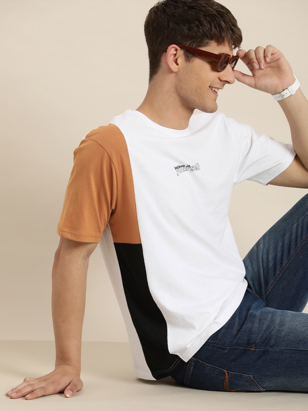 

HERE&NOW Colourblocked Drop-Shoulder Sleeves T-shirt, White