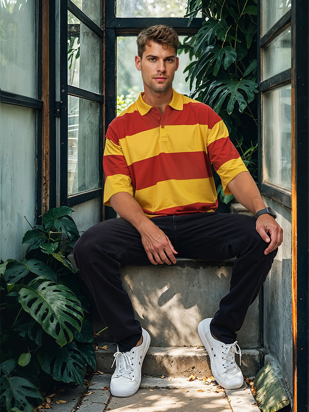 

HERE&NOW Striped Polo Collar Oversized T-shirt, Mustard