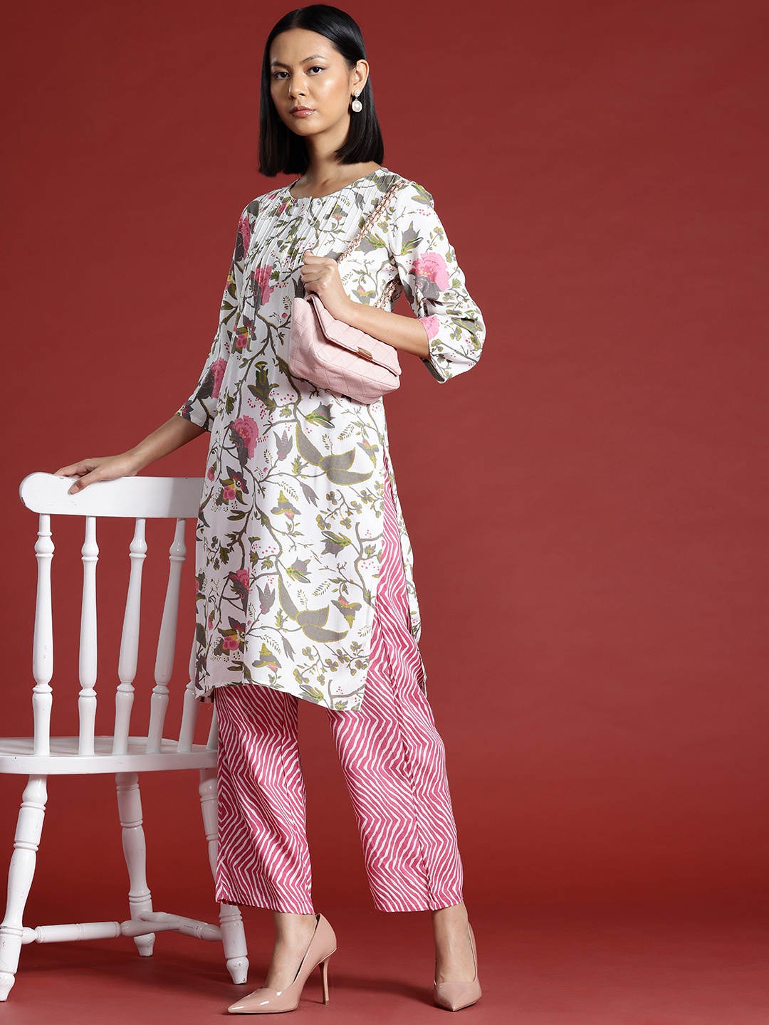 

all about you Floral Printed Regular Kurta with Trousers, White