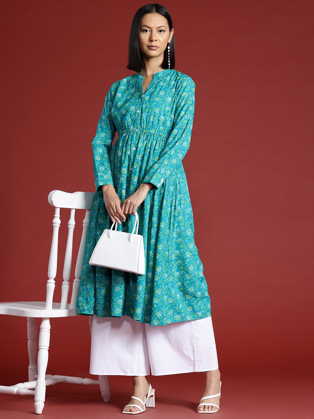 

all about you Floral Printed Anarkali Kurta, Turquoise blue