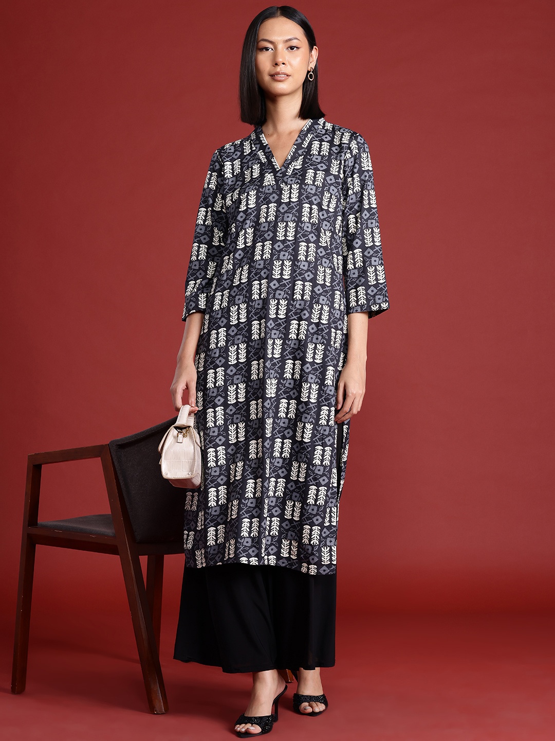 

all about you Geometric Printed Straight Kurta, Black