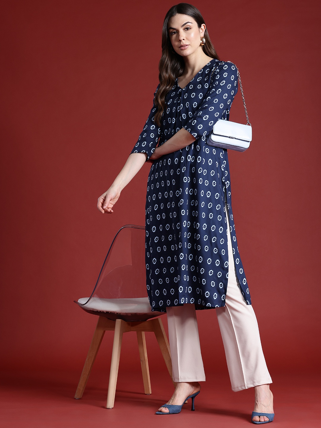 

all about you Floral Print Pleated Kurta, Blue