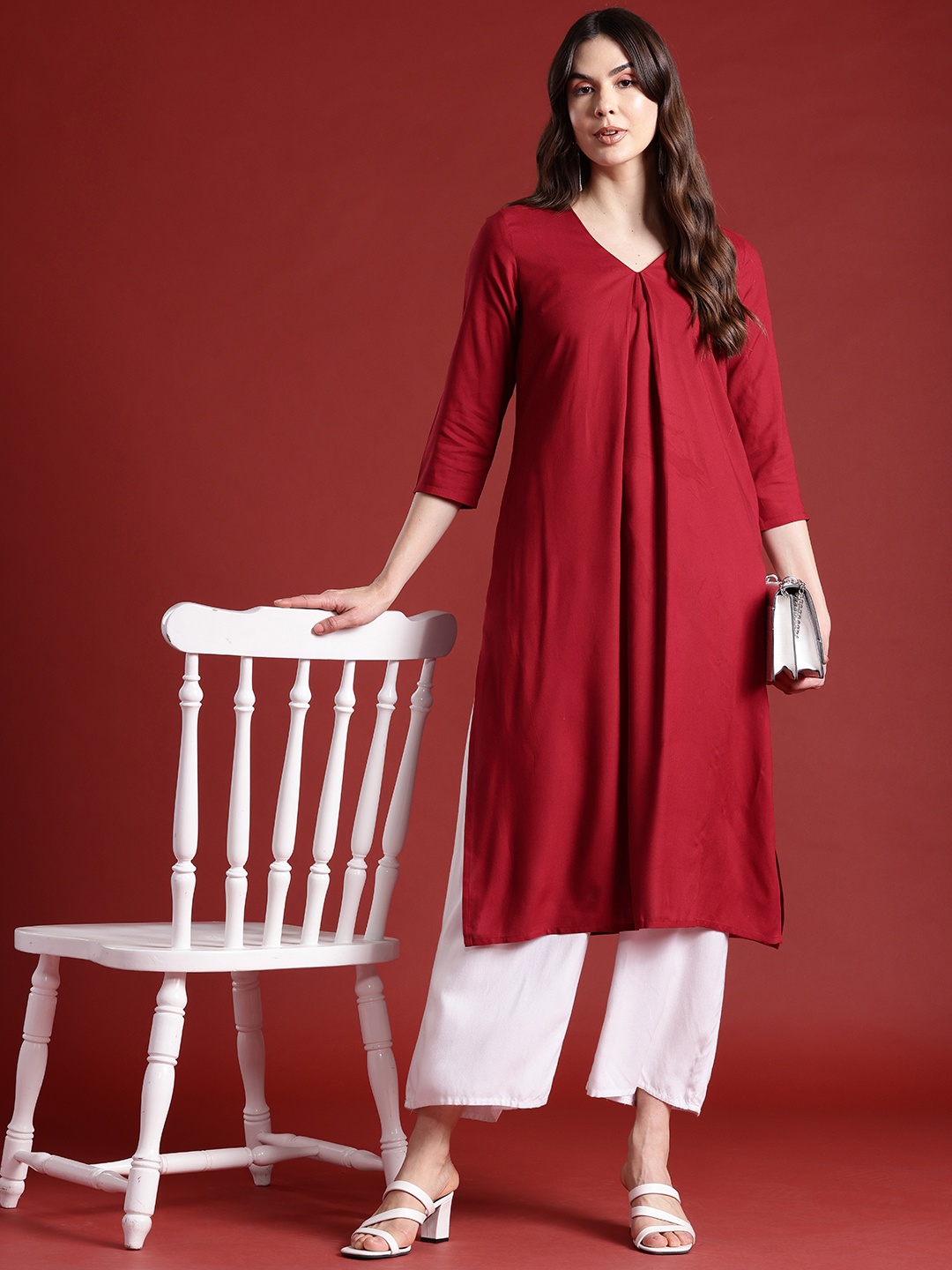 

all about you V-Neck A-Line Kurta, Maroon