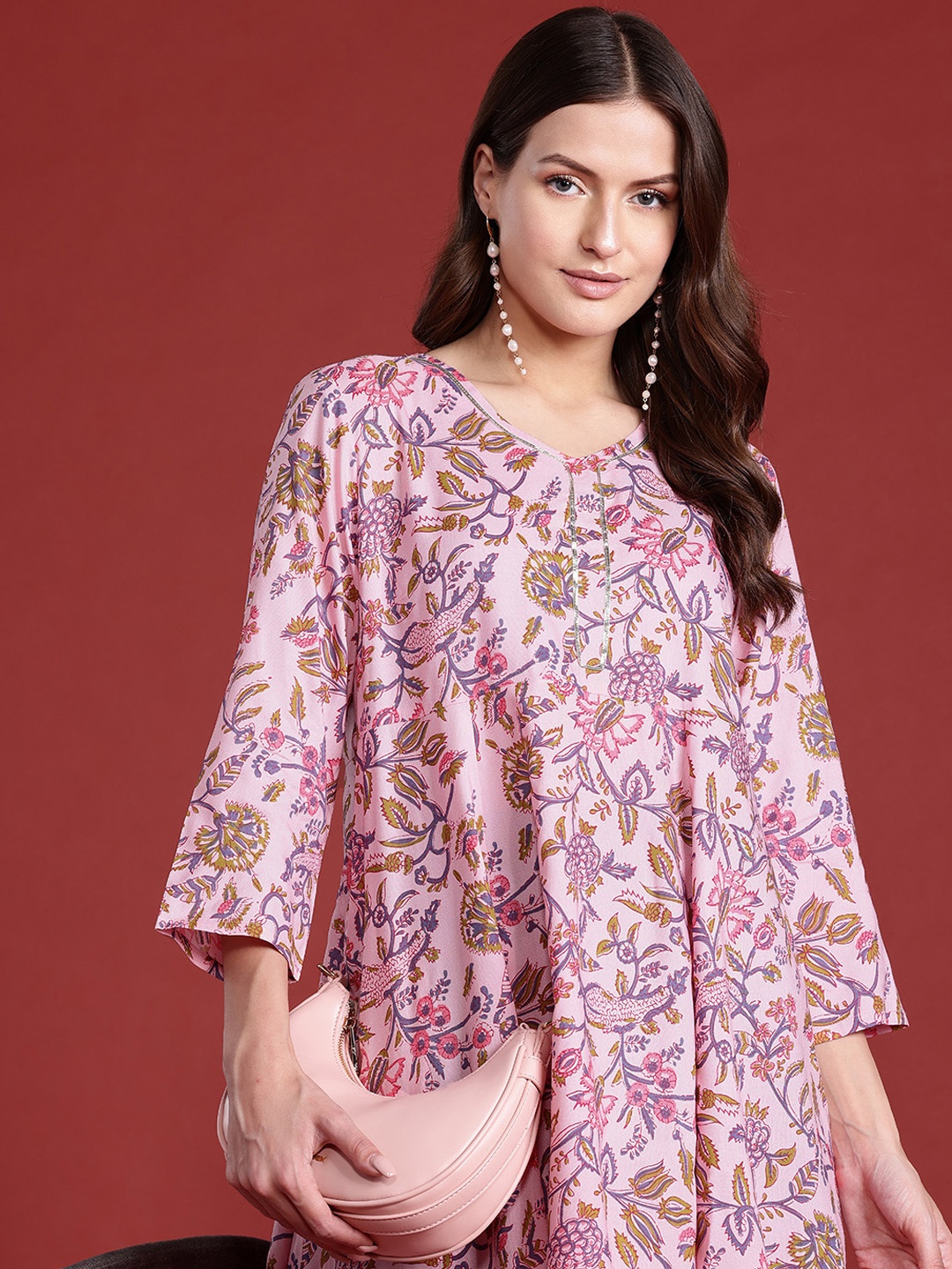 

all about you Floral Printed A-Line Kurta, Pink