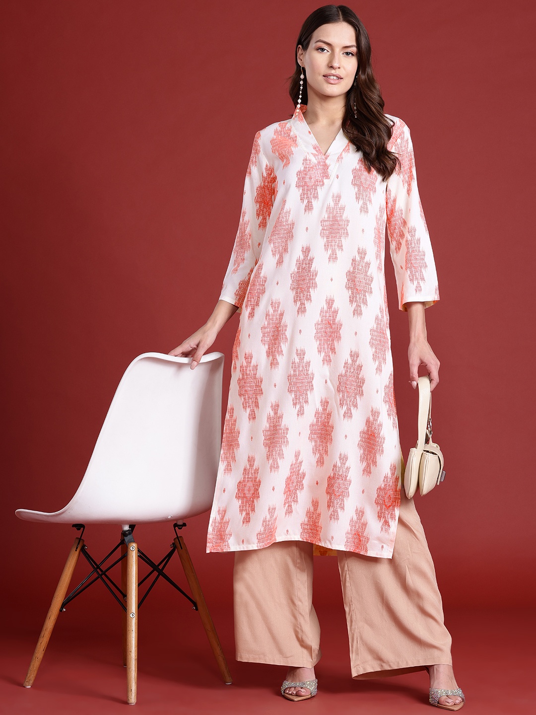 

all about you Geometric Printed Straight Kurta, White