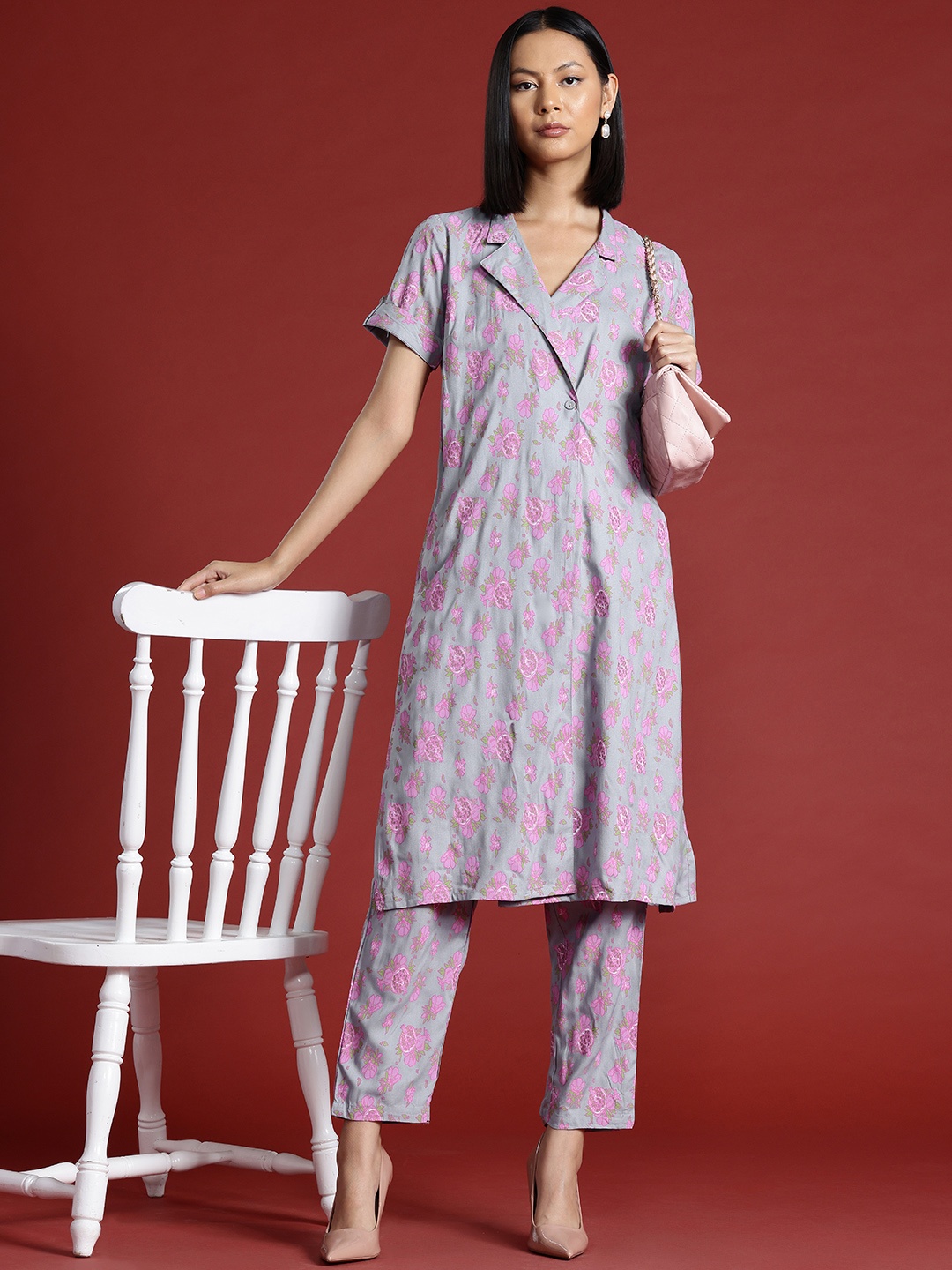 

all about you Floral Print Shirt Collar Kurta with Trousers, Blue