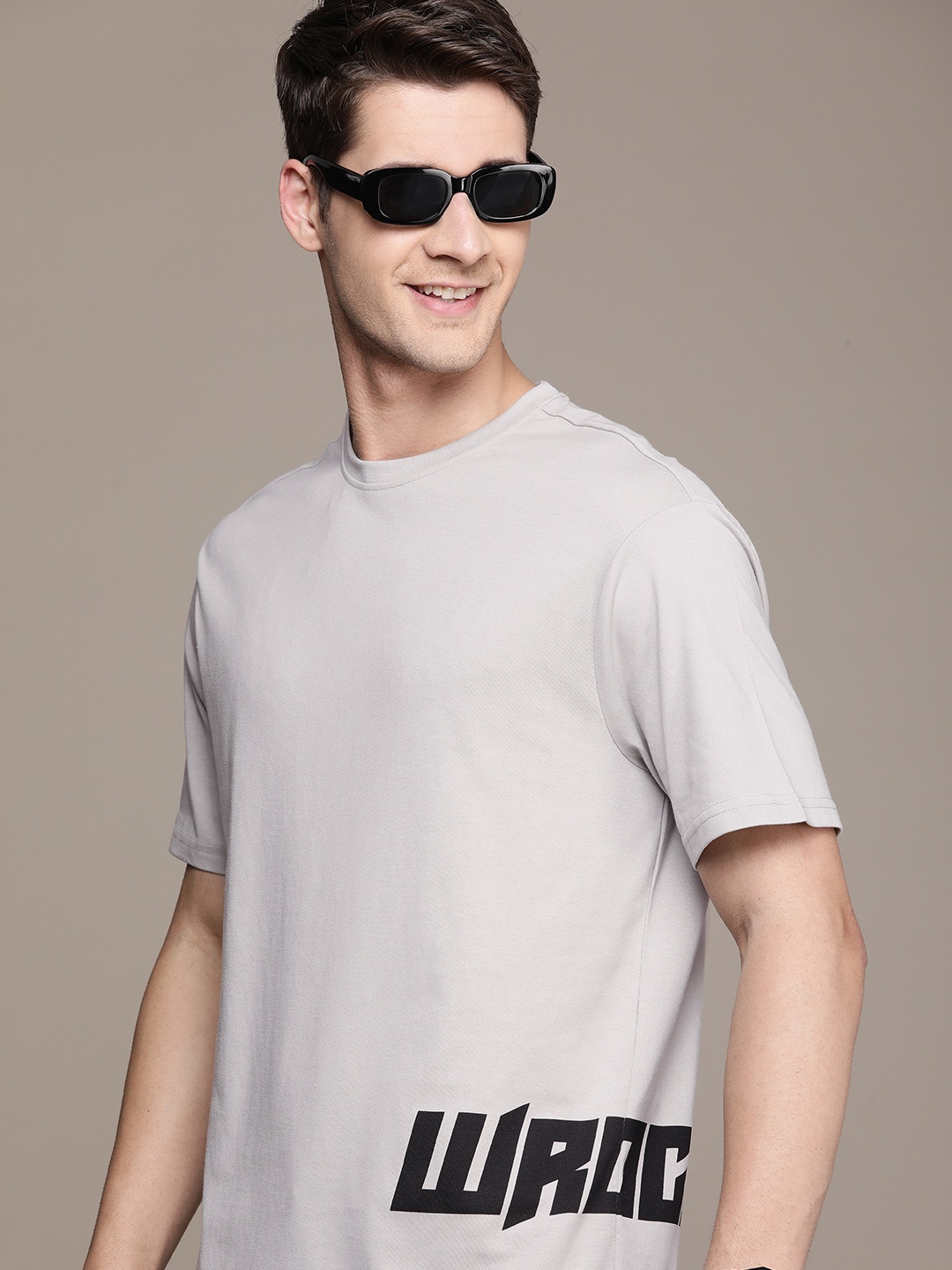 

WROGN Typography Printed Drop-Shoulder Sleeves Oversized T-shirt, Grey