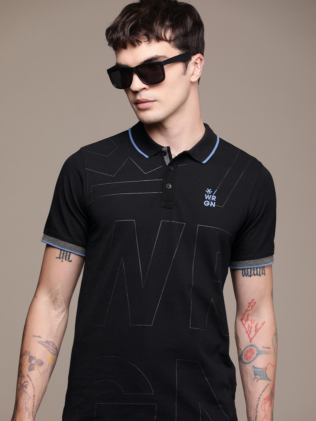 

WROGN Men Polo Collar Pure Cotton T-shirt, Black