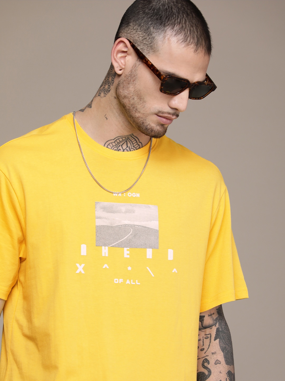 

WROGN Men Brand Logo Printed Pure Cotton T-shirt, Yellow
