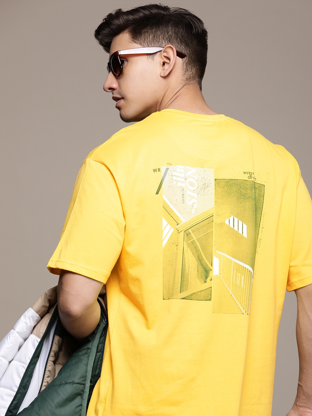 

WROGN Printed Drop-Shoulder Sleeves Pure Cotton Oversized Fit T-shirt, Yellow