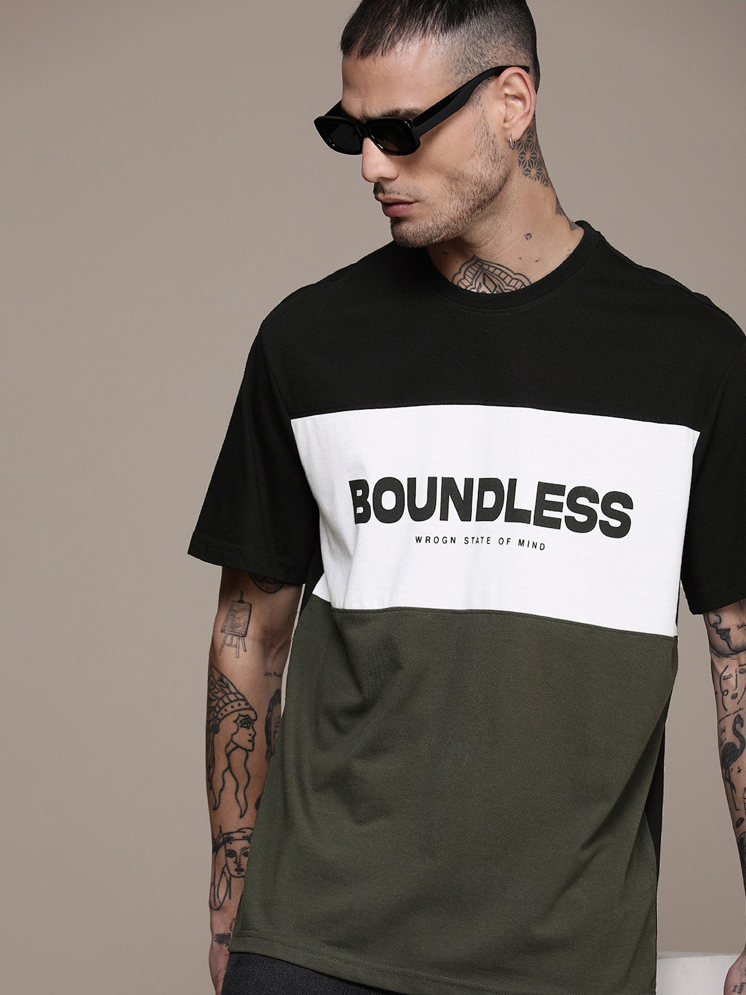 

WROGN Typography Printed Colourblocked Oversized T-shirt, Black